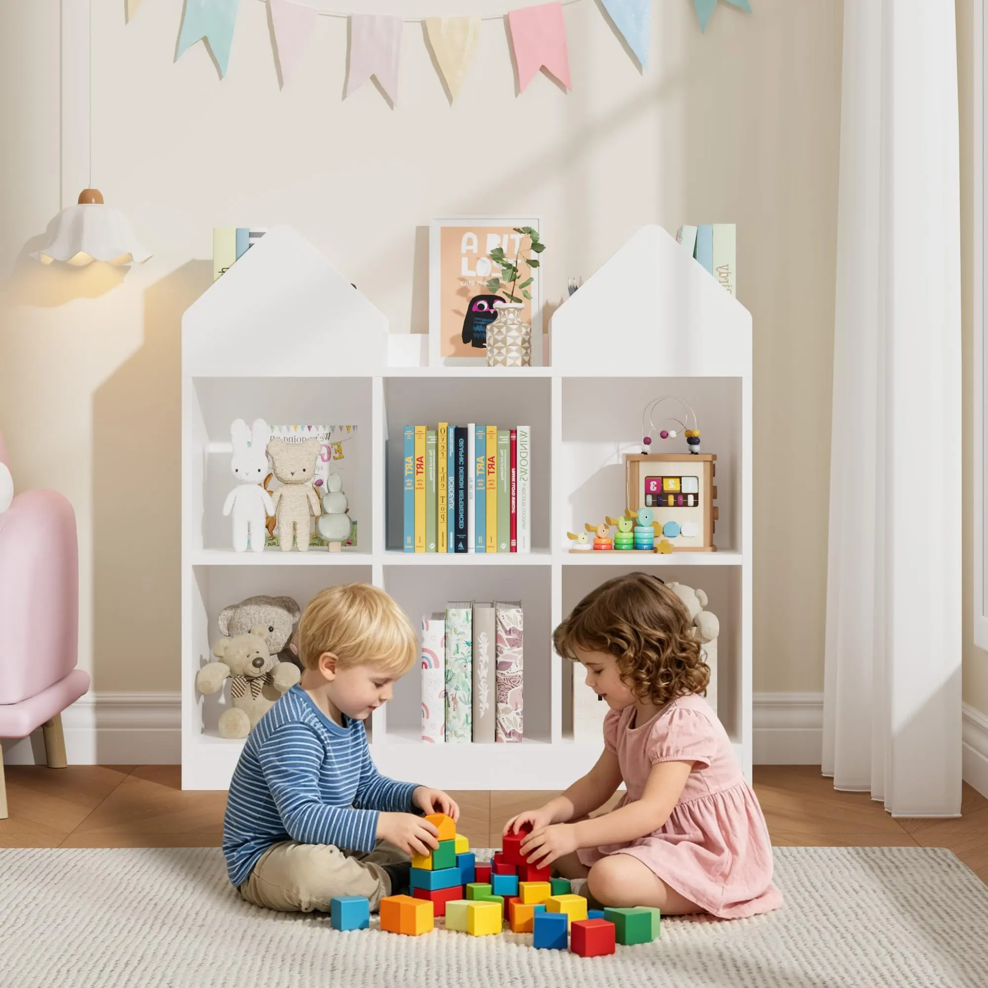 Castle Kids Bookshelf and Toy Storage Organizer with 6 Cubbies, Large Wooden Children 4 Tier Bookcase Bookrack, Toddler Playroom Bedroom Nursery Book Shelf Storage Cabinet Chest Furniture