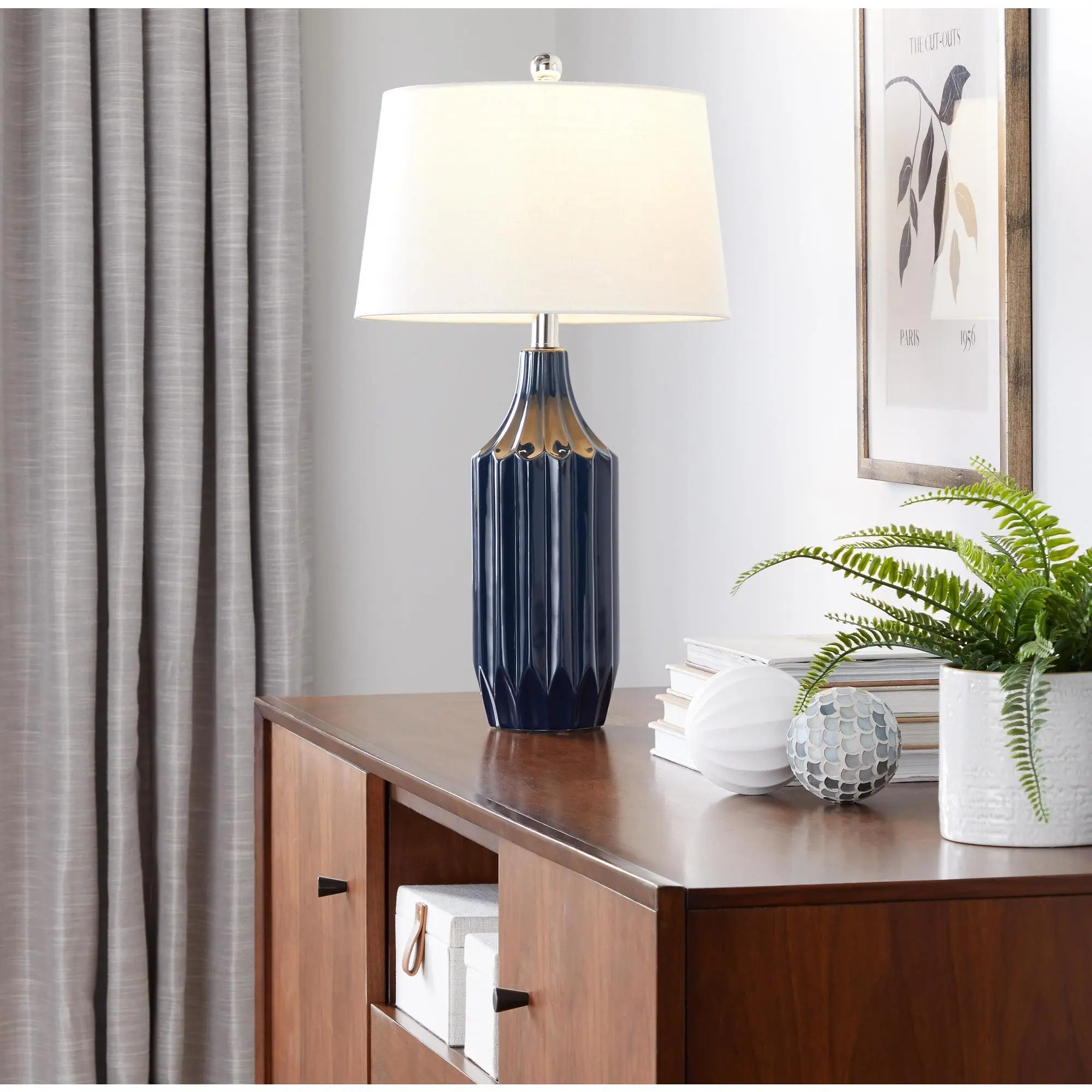 ARCH Contemporary Ceramic Table Lamp 23 Inch Gloss Dark Blue Ceramic Base with White Fabric Shade for Living Room Bedroom Nightstand End Table Decor Modern Accent Lighting, Living Room Table for Sofa Side, Bedroom, Office, Apartment and Home Decor