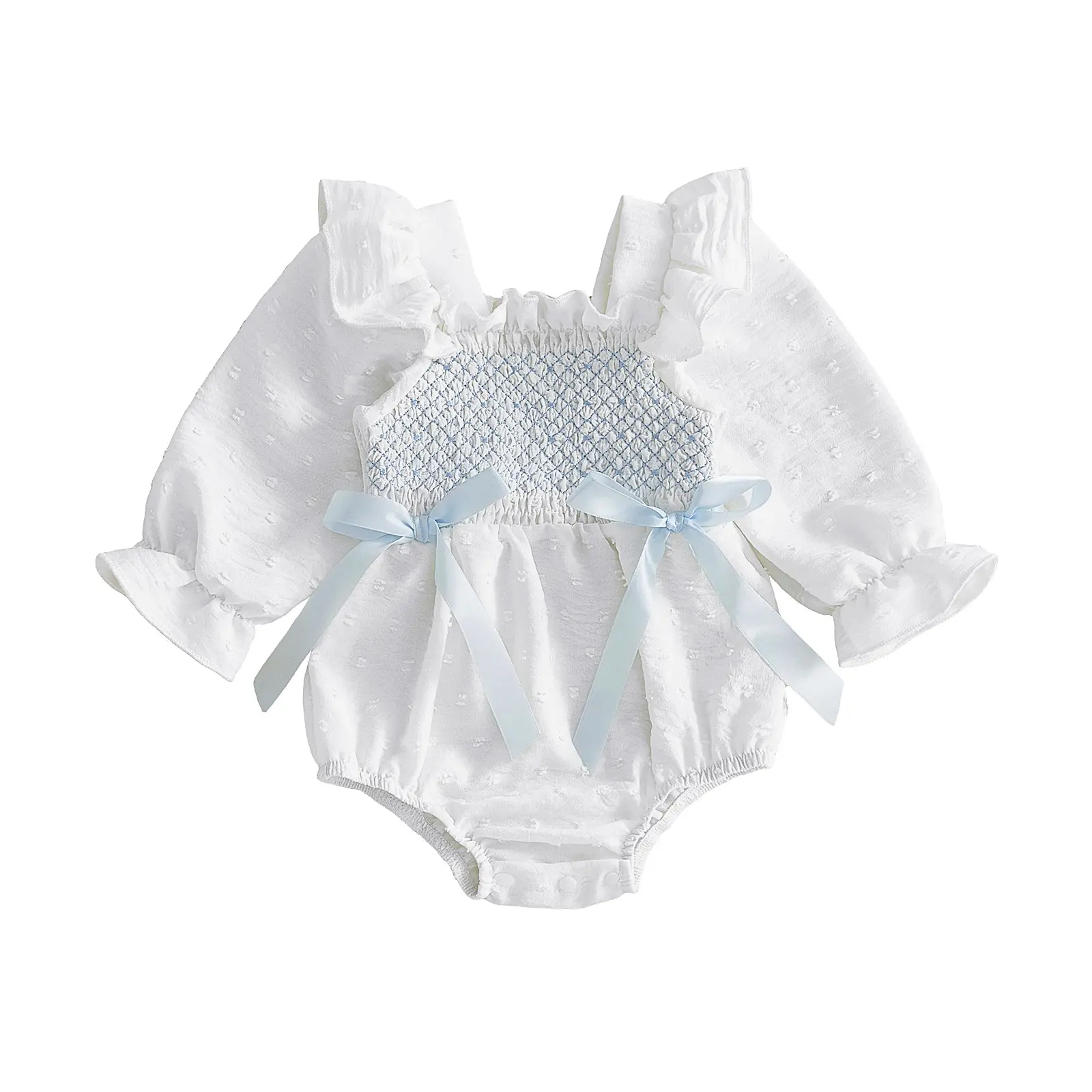 Infant Baby Girls Fall Smocked Romper Cute Bow Swiss Dot Long Sleeve Jumpsuits Clothes 0-18 Months