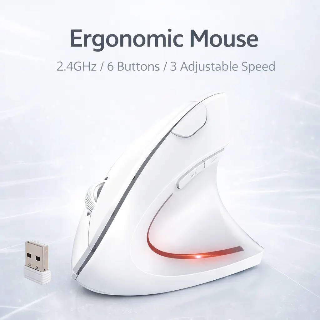 Ergonomic Vertical Wireless Mouse, 2.4GHz USB-A Connection, Three Adjustable Sensitivity Levels, Silent Keys, Right Hand Orientation