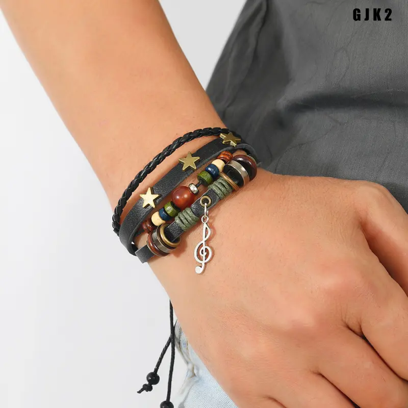 Multi Layer Braided Leather Bracelet Set, Vintage Stackable PU Wristband with Treble Clef & Star Charms, Wood Bead Adjustable Wrap Bracelet, Boho Retro Jewelry Accessories for Daily Wear & Gift