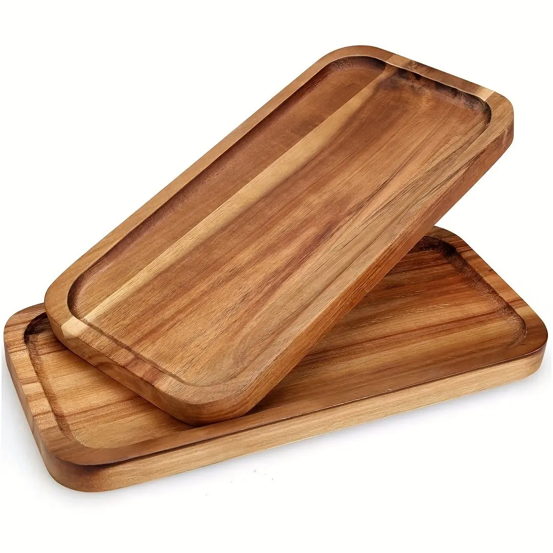 2/4 Piece Rectangular Rounded Edge Solid Wood Tray, Japanese Style Wooden Serving Dish, Coffee Cup Sushi Bread Storage Tray, Aesthetic