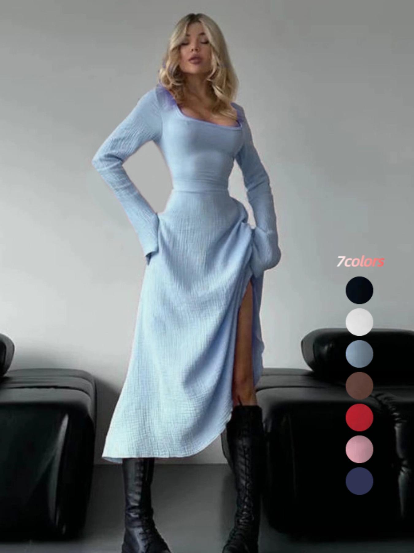 Women's Plain Lace Up Flounce Sleeve Dress, Elegant Square Neck Long Sleeve A Line Dress for Spring & Fall, Women's Clothing for Daily Wear