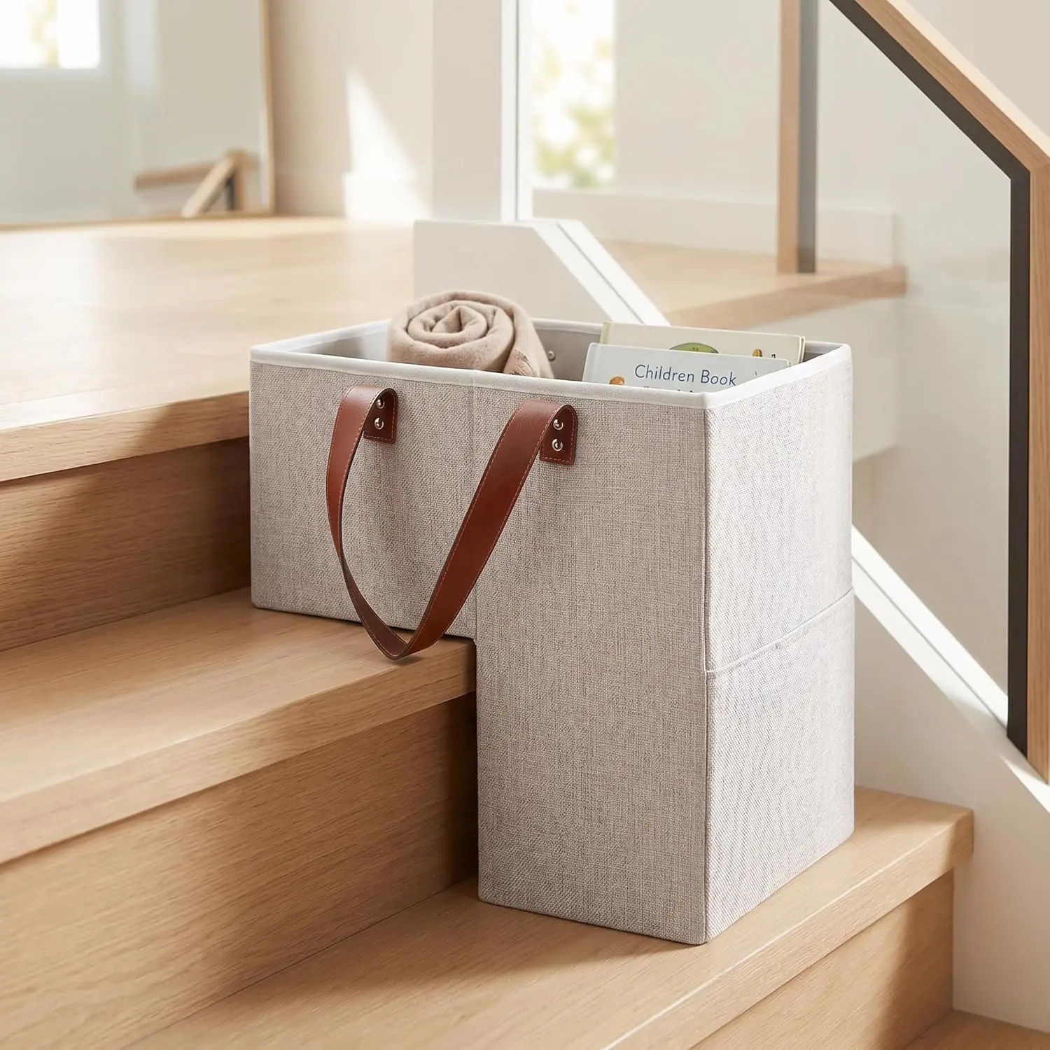 Stair Basket - Stair Basket for Wooden and Carpeted Stairs,Foldable Staircase Baskets with Leather Handle & Side Pocket, 16" L x 10" W x 16" H Storage Staircase basket