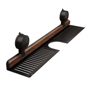 No Drill Suction Cup Bathroom Storage Shelf, Walnut Wood Sink Caddy Organizer Mount Above Faucet, Multi-size Countertop Rack for Toiletries, Skincare Bottles & Bathroom Vanity Organization