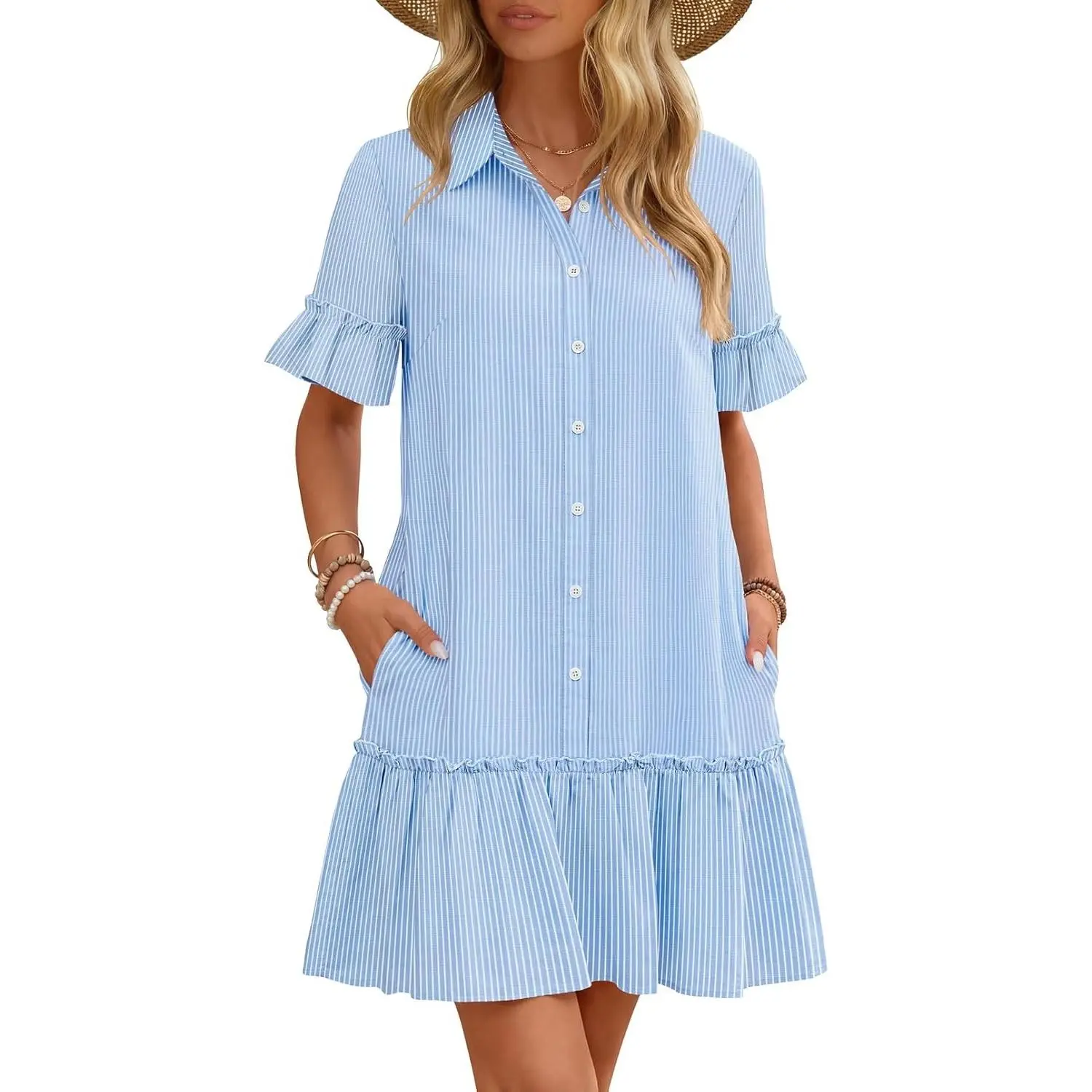 Women's 2026 Summer Preppy Striped Yarn Cardigan Shirt Dress - Button-Down, Ruffle Sleeves, Shift Mini, Tennis-Ready, with Pockets