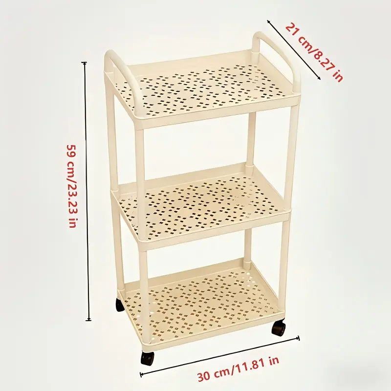 Three-tier movable storage cart—an easy-to-assemble plastic organizing rack suitable for bathrooms, kitchens, and offices, Organiser