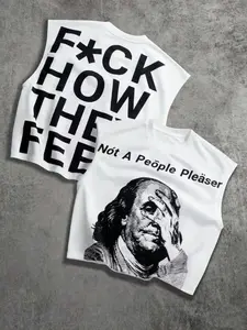 Men's Fashion Vest, Benjamin Franklin Pop Art Print, Graphic, Humorous Text, Street Punk Rock Party, Loose-Fitting, Unlined, Plain Surface