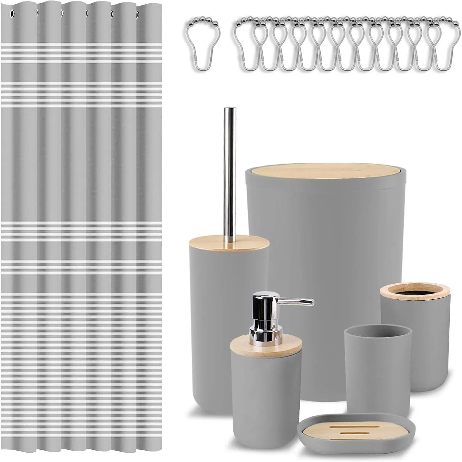Britimes Grey Waterproof Plastic Bathroom Accessory Set - Wipe-Clean Shower Curtain, Trash Can, Pump Soap Dispenser, Toilet Brush Holder, Toothbrush Holder, Toothbrush Cup for Bathroom Decor