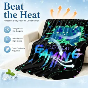 Neon Game Controller Cooling Blanket, Arc-Chill Q-Max >0.35 Cool Fiber Summer Throw, Lightweight Breathable Blanket for Hot Sleepers, "Lets Play Gaming" Splash Print, Ideal for Bed, Couch, Travel & Summer AC Use