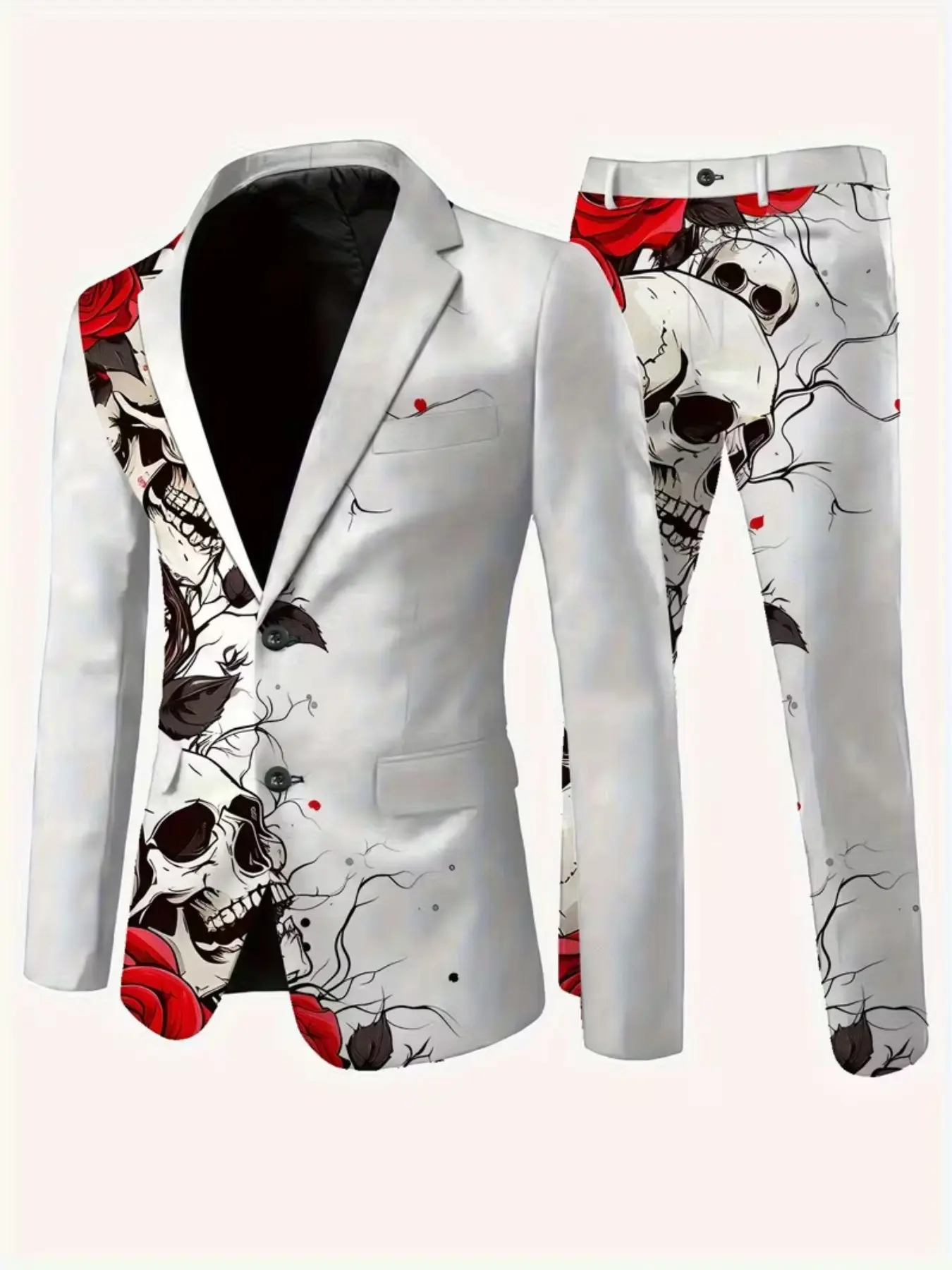 Dark Skull Rose Men's Blazer Set, Artistic Print Suit and Pants Two-Piece, Trendy Party, Spring & Fall Fashion