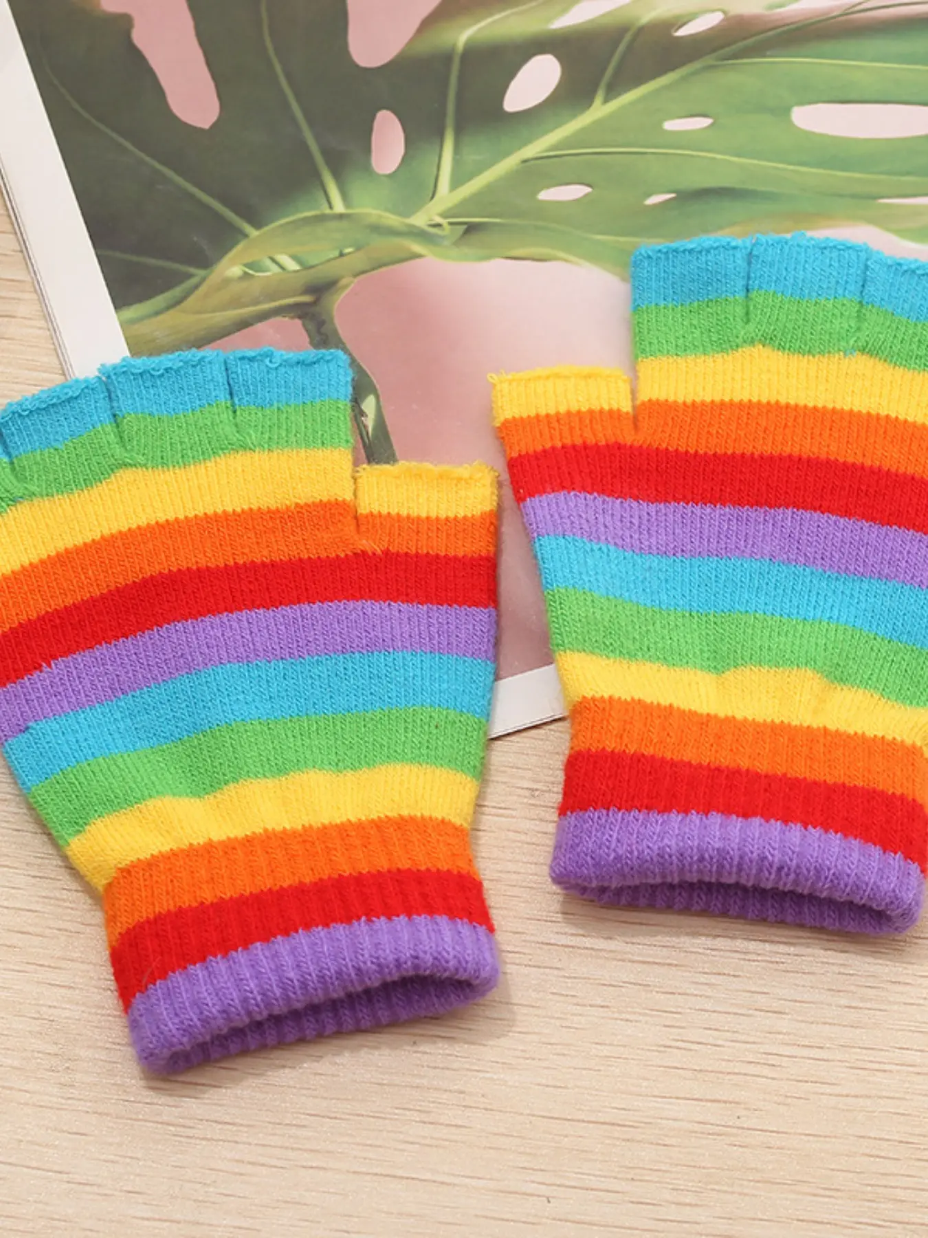 Rainbow Stripe Knit Half-Finger Gloves, Unisex Street Style, Warm Yarn Decoration, Versatile Fashion Accessory, Perfect for All Seasons