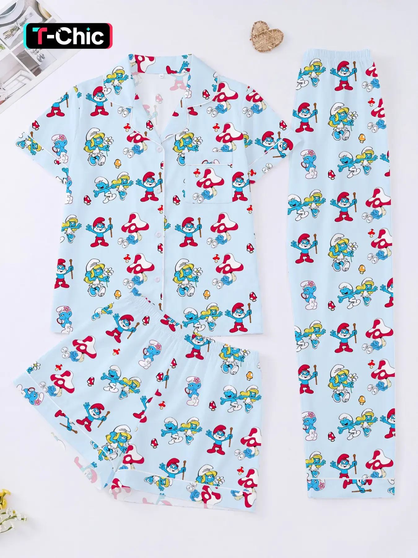 3-Piece Light Blue Smurfette Women's Loungewear Pajama Set, Short Sleeve Button-Down Top, Elastic Shorts & Pants, Comfortable Home Wear, Pajamas Sleepwear