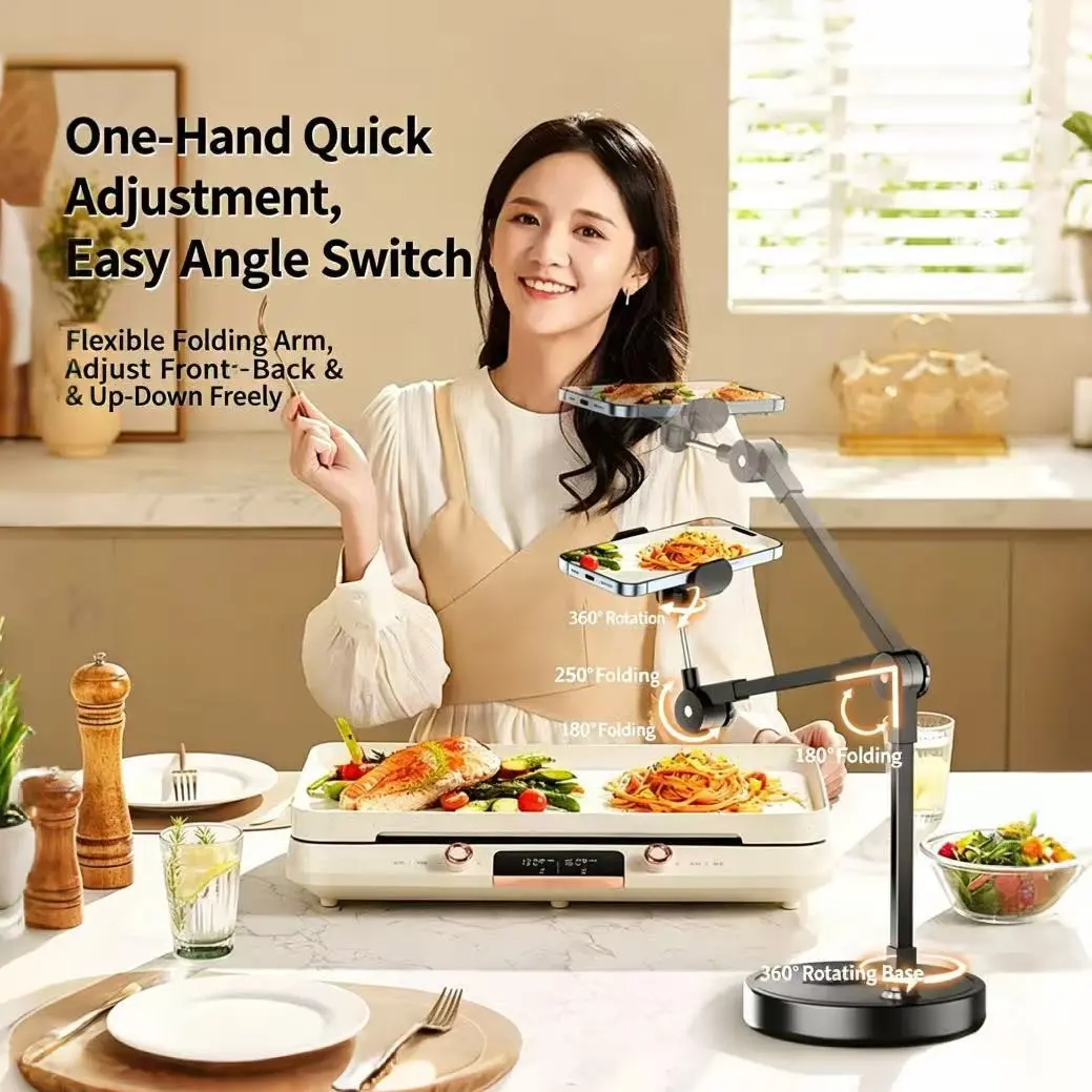 Adjustable Desktop Phone Tablet Stand, 250° Folding Arm, 360° Rotation, Flexible Telescopic Height, Ideal for Live Streaming & Vlogging, Tablet Mount