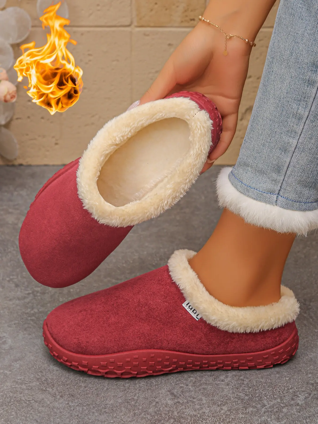 Women's Fall Winter Faux Deer Fur Lined Cotton Slippers, Thick Plush Warm Anti-Slip Soft Sole, Home Outdoor Versatile Shoes