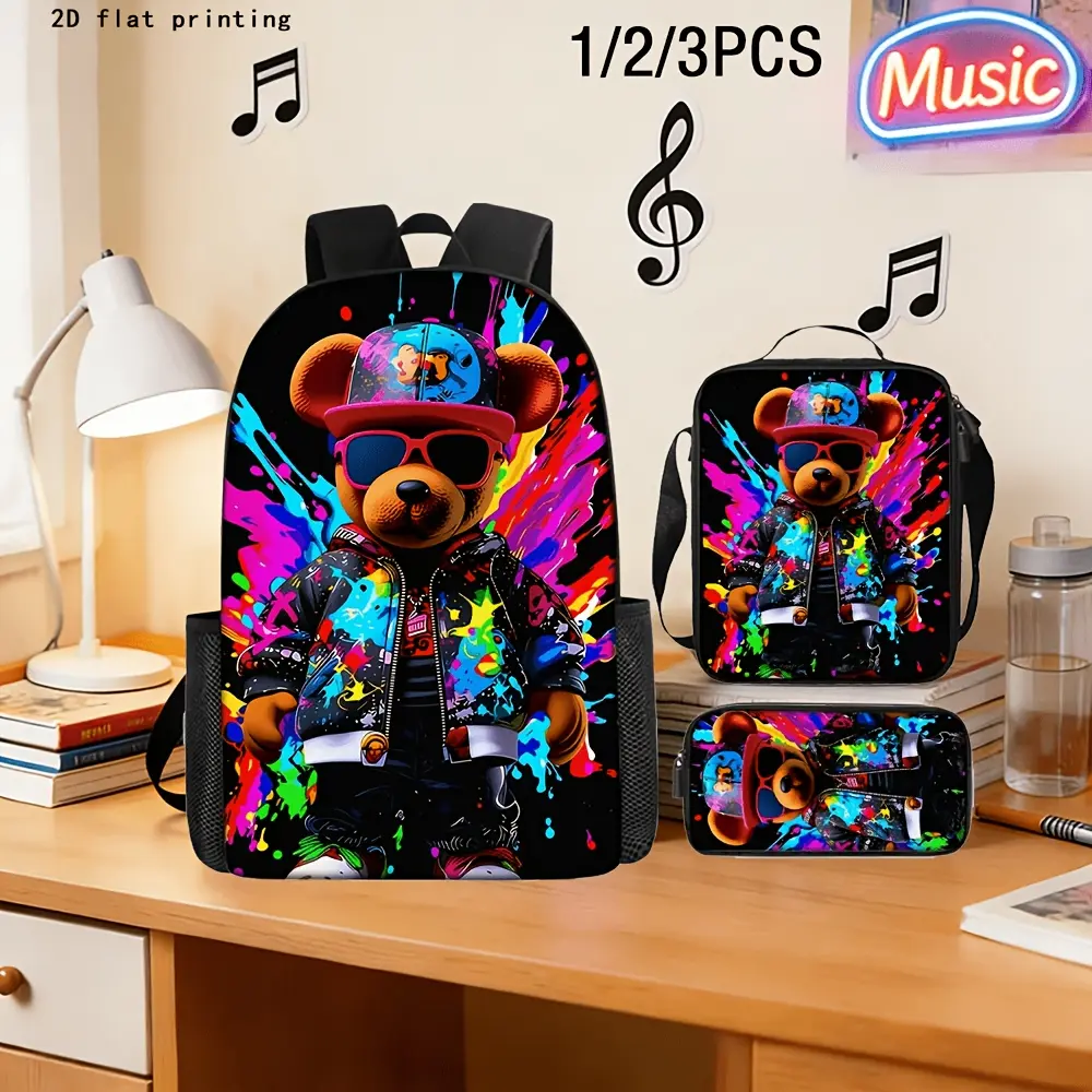 1PC/3PCS Synthetic Waterproof Graffiti Bear Backpack - 2D Flat Printing Cartoon Theme, Large-Cap Backpack for Young Fashionistas, Ideal for Daily Commute & Travel