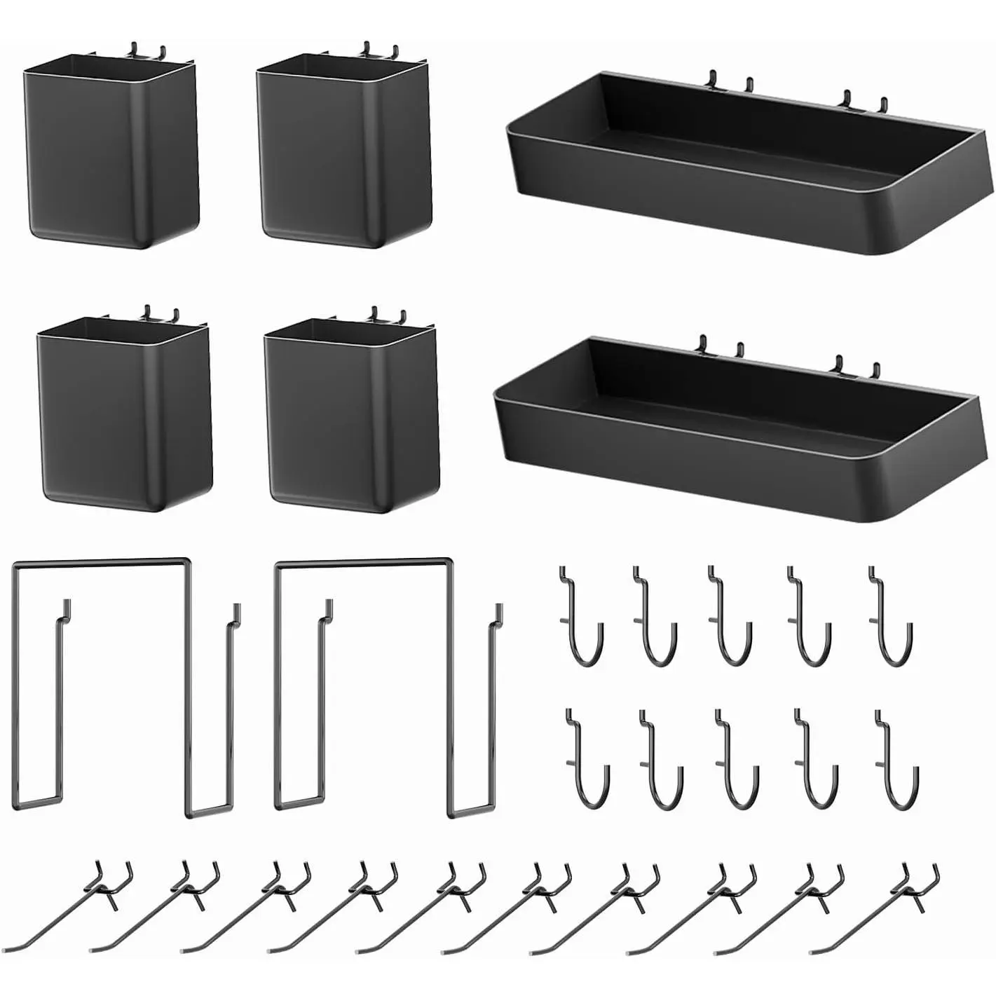 28-Packs Peg Board Organizer Accessories Kit, Black | Includes ABS bins, shelves, book racks, and pegboard hooks, fits standard pegboards, ideal for , office and gaming room