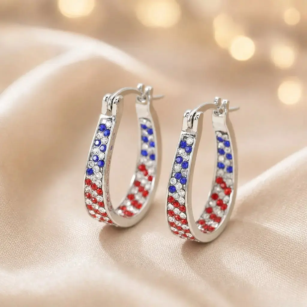 Women’s  Two‑Tone Red & Blue Hoop Earrings, Sparkling Rhinestone‑Inlaid Circle Ear Jewelry, Stylish Patriotic Accessories for Daily Casual Wear, Holiday Parties & National Festival Events