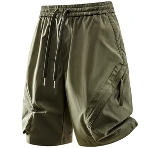 Men's American Functional Army Green Diagonal Zipper Cargo 5" Shorts, Elastic Drawstring Waist Three-Dimensional Cut Pockets, Lightweight Breathable, Outdoor Commute Summer Daily Casual Wear men's cargo shorts # SummerWins # fathersdaygift