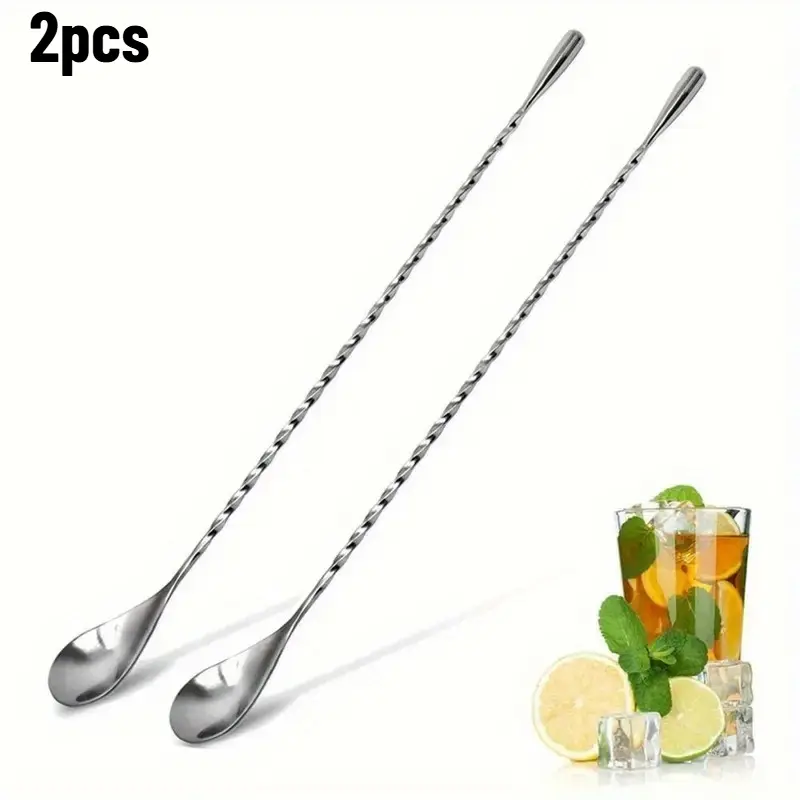 2 Pcs Stainless Steel Teardrop Bar Spoons, Spiral Long Handle Cocktail Stirrers for Layered Drinks, mirror polished and easy to clean, Ideal for milk tea, coffee, essential tools for home and bars, Drink Accessories