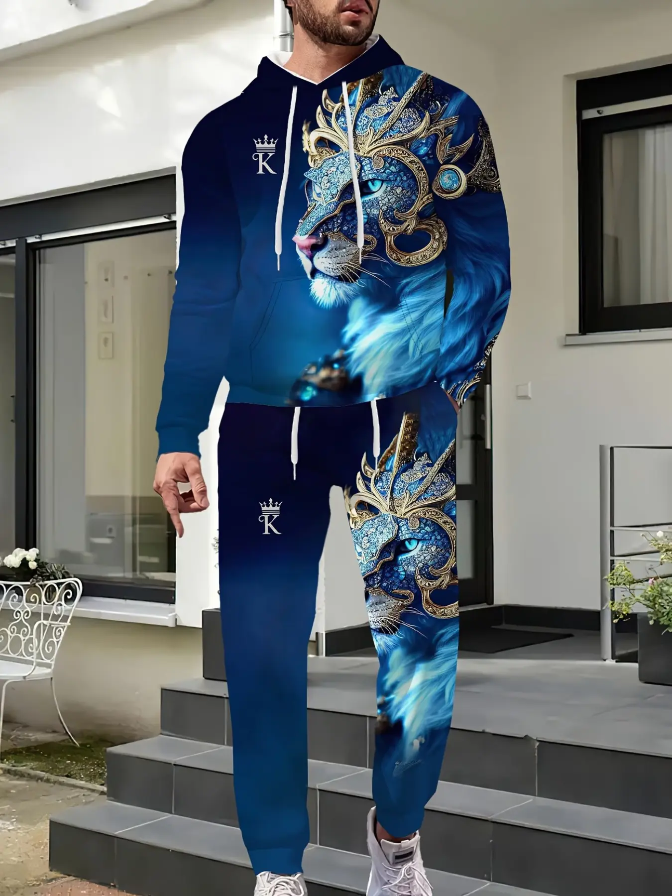 Men's 2-Piece Set Spring Summer Streetwear Sweatshirt & Pants, Digital 3D Lion Print Design, Casual Loose-Fit Long Sleeve