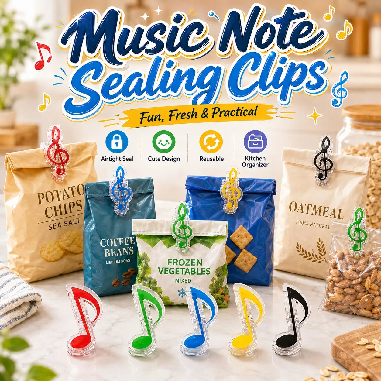 5pcs Reusable Multifunctional Seal Clips, Creative Music Note Shaped Bread Bag Clips, Kitchen Seasoning and Food Preservation Clips, Moisture-Proof and Dust-Proof Bag and Item Storage Clips, Kitchen Accessories, Cat Food Bag Sealing Clips