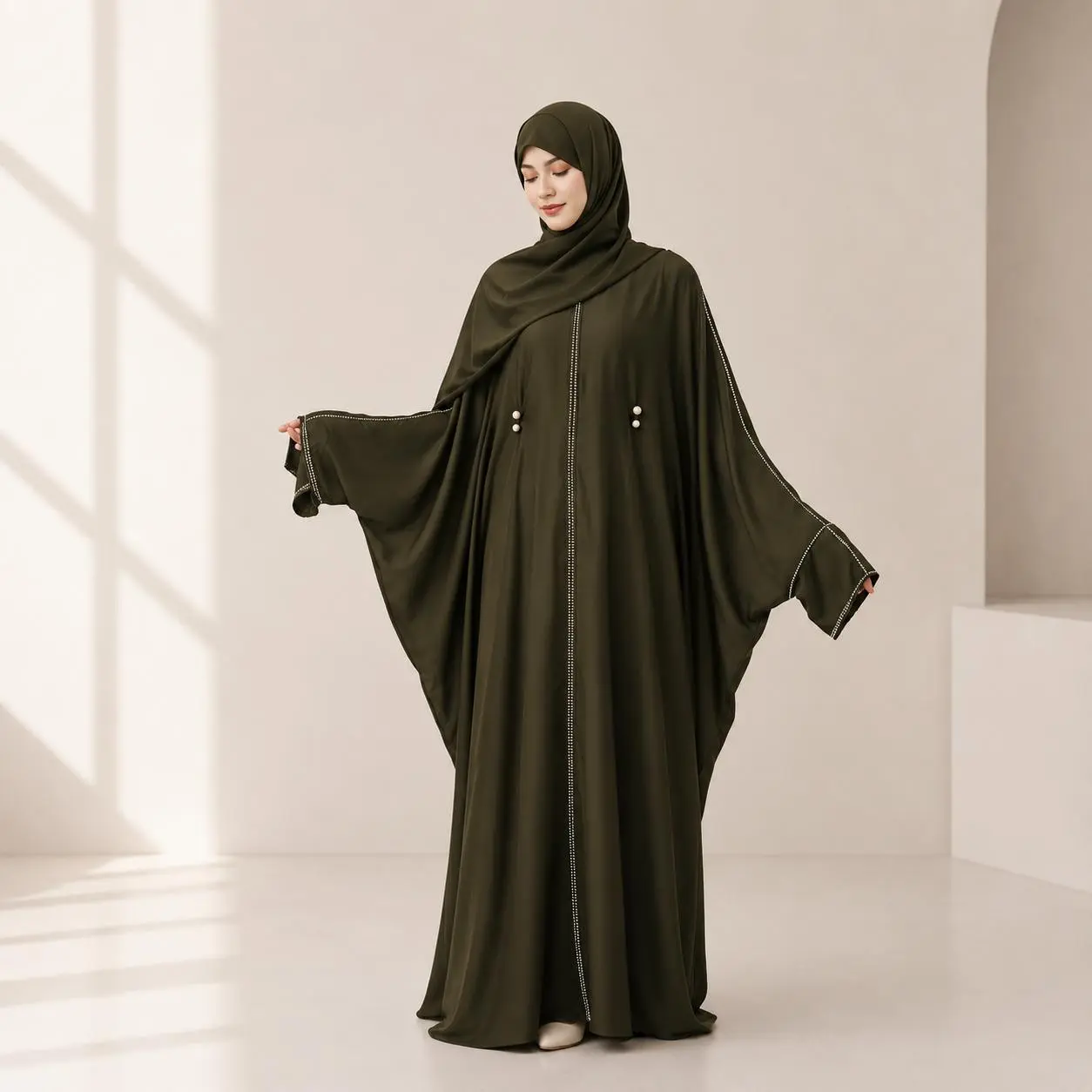 Batwing Abaya Luxury Crepe Satin Matching Hijab Set Elegant Dress (MA041)