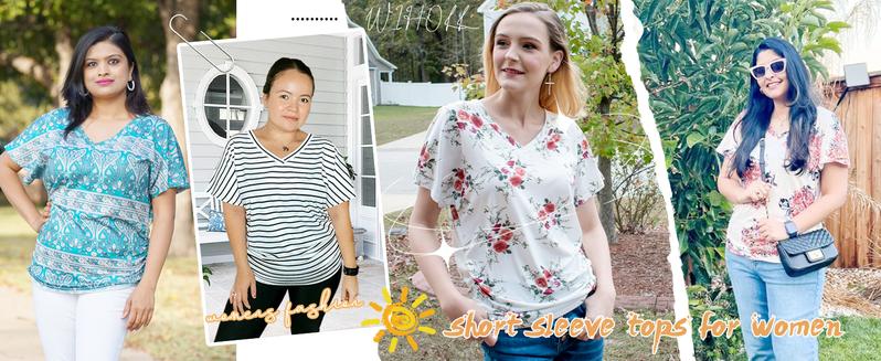 WIHOLL Womens Short Sleeve V Neck Dolman Tops with Side Shirring Loose Fit Shirts