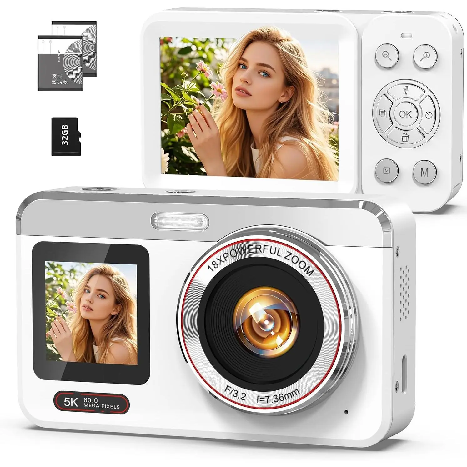 Digital Camera, 5K 80MP  Screen, Auto Focus for Beginners Teens | Point and Shoot Camera with 18X Zoom, 32GB Card & 2 ,  Travel Vlogging Camera for YouTube, White