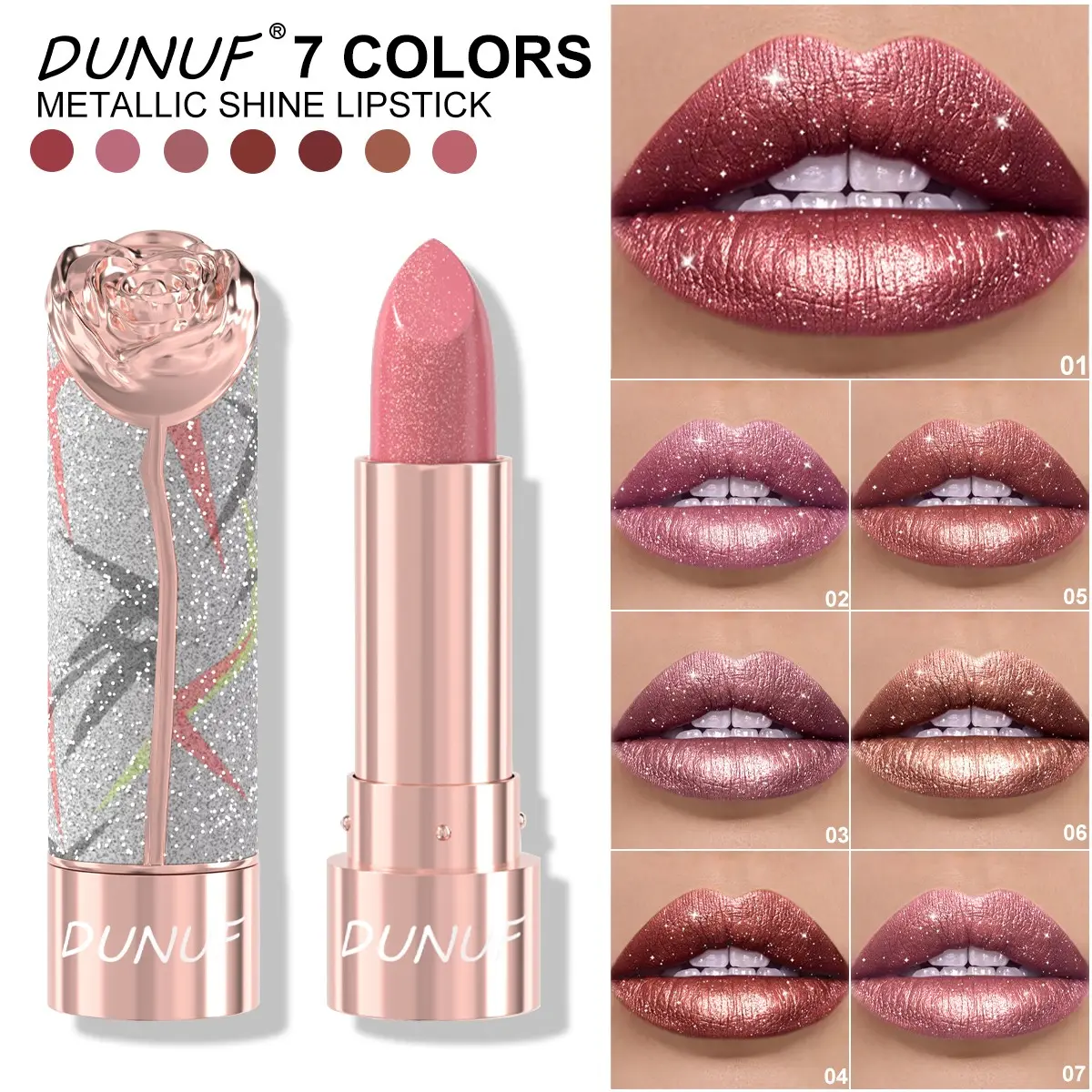 Dunuf Velvet Long-Lasting Metallic Shine Radiant Lipstick, 3D Metal Texture, Smooth Non-Sticky, Easy Application, New Design, 1pc