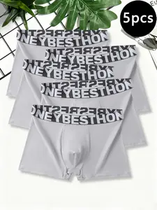 5-Pack Men's Solid Color Briefs, Fresh Macaron Color Letter Waistband, Daily Wear Breathable Anti-Roll Shorts, Comfortable Underwear