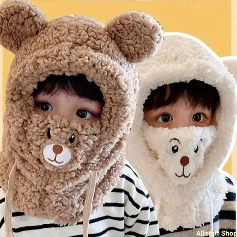 Year-end Sale Anime Bear Plush Hat 3-in-1 Scarf & Mask Fleece-lined Warm Earmuffs Soft Double-layer Design Elastic Drawstring Closure 100% Polyester Lightweight Breathable Unisex Autumn Winter Wear Hand Wash Recommended, Soft Plush Hats, Anime Theme Hats