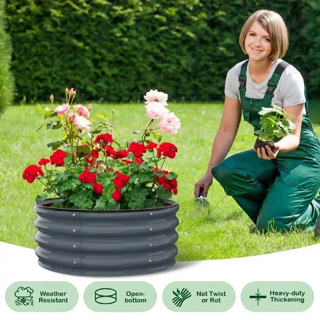 OP-2-Pack Round Raised Garden Beds - Bottomless Galvanized Steel Planter Boxes, Elevated/Raised Plant Bed Flower Pots, Freestanding/Large Metal Flower Pots, Indoor-Outdoor Use for Vegetables, Herbs - Reinforced, Rust-Resistant Dark Gray 2*2*1FT