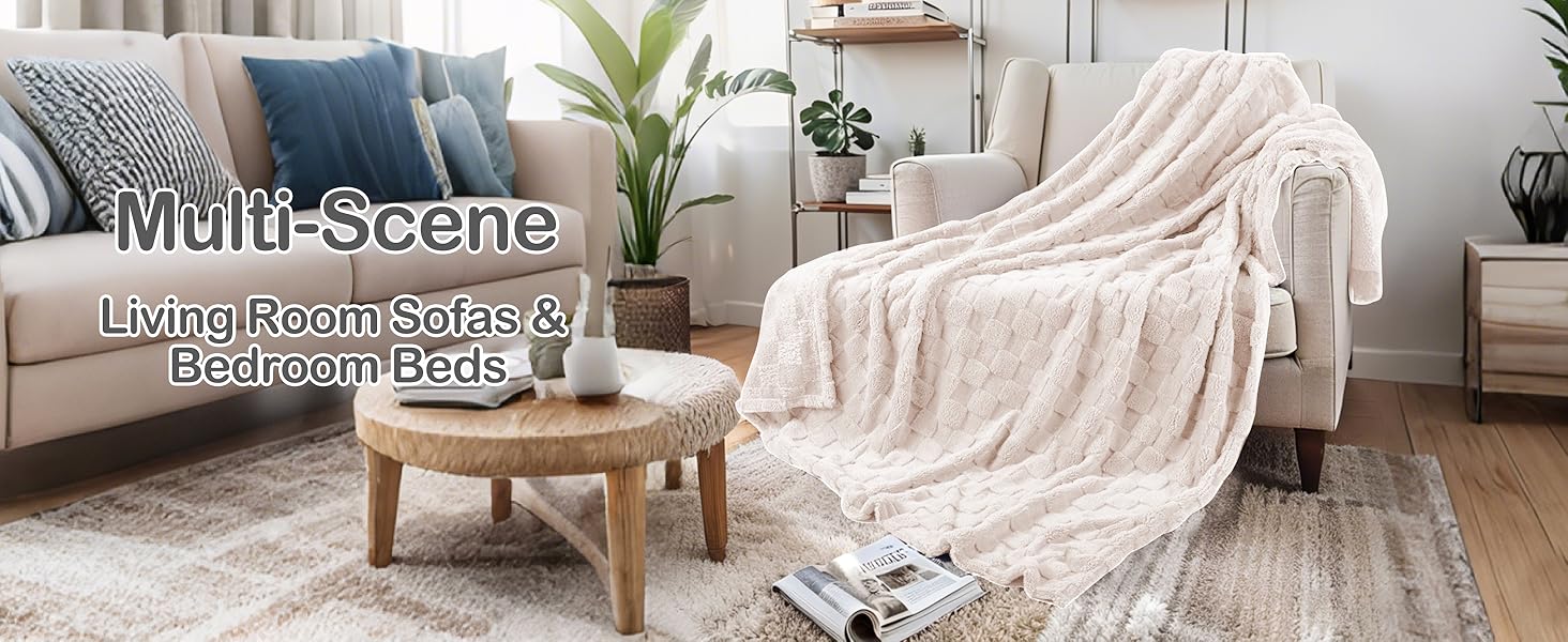 Blanket King Size 90"x110",-Soft Microplush, Checkerboard Pattern, All-Season Lightweight Warmth, Dual-Sided Use, Cozy for Bed/Sofa/Office/Camping, Easy Care, Cream White