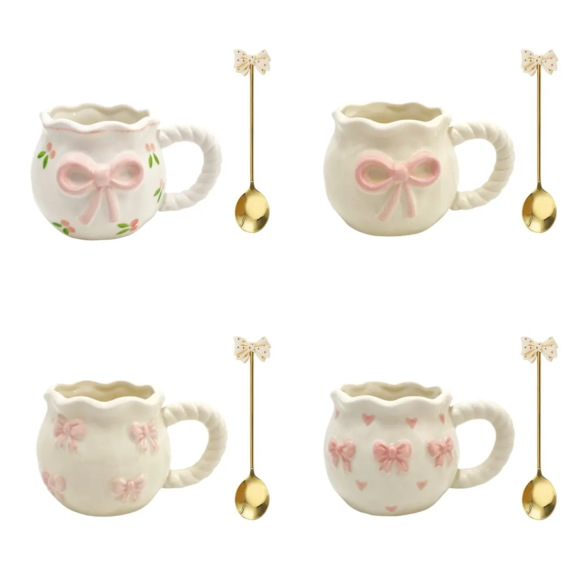 Cute Nordic Style Bowknot Mug Set with Spoon Holder, Ceramic Coffee Cup with Handle, Perfect for Home Office, Christmas Gift
