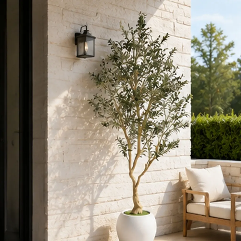 ARCH 8.2FT Artificial Olive Tree with White Planter Pot, Tall Faux Olive Tree for Indoor Living Room Entryway, Modern Luxury Green Leaves Fabric Plastic Tree, 1pc Set, No Watering Needed, Green Leaves Color Options, Fabric+Plastic Material