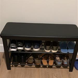 Entryway Shoe Rack with Cushioned Seat, Shoe Bench for Entry, 2 Shelves Storage Bench w/Faux Leather Top Bed Bench, Black