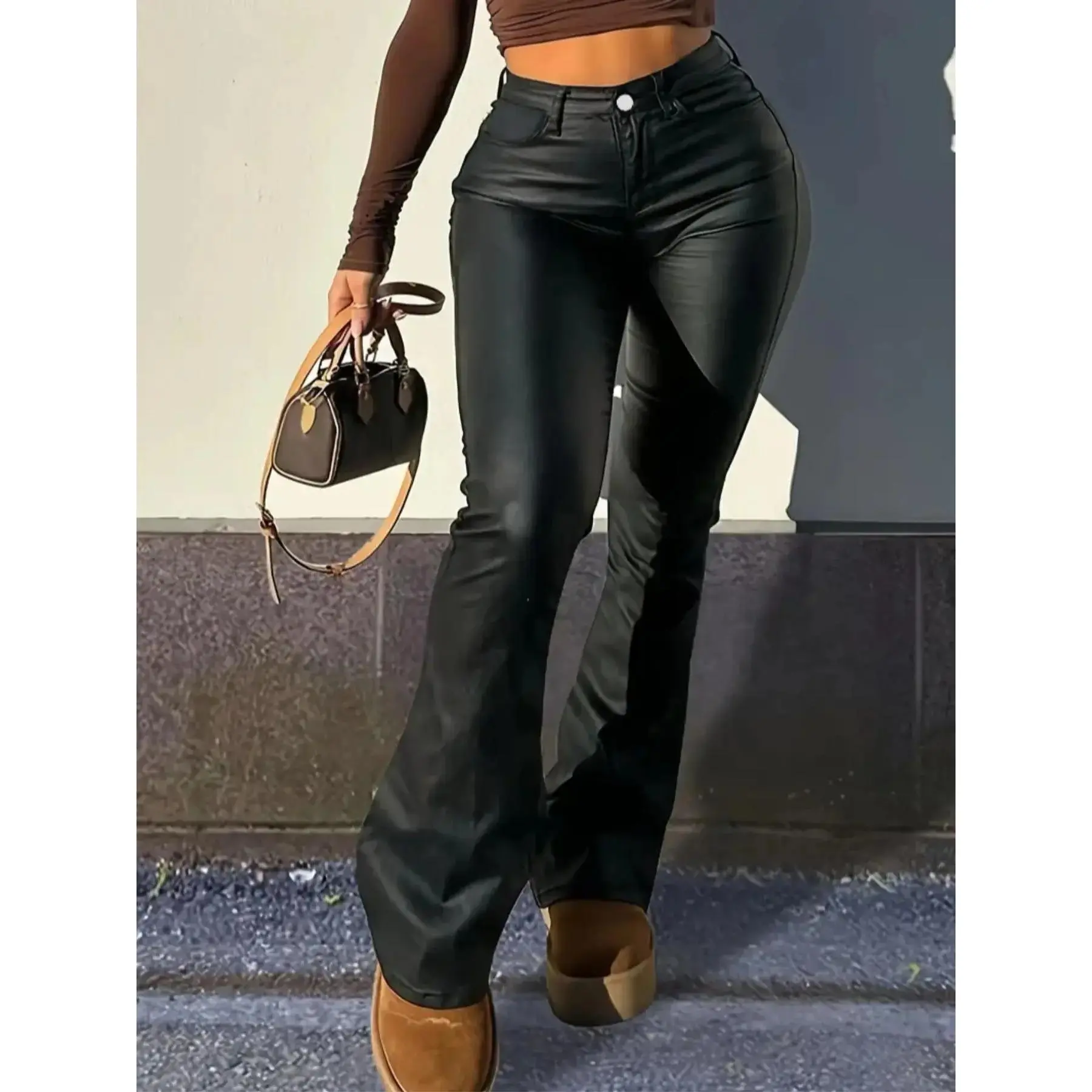 Women's Plain Button Fly Flare Leg Denim Leggings, Fashion Casual Pocket Design Bell Bottom Skinny Jeans for Daily Outdoor Wear, Ladies Bottoms for All Seasons