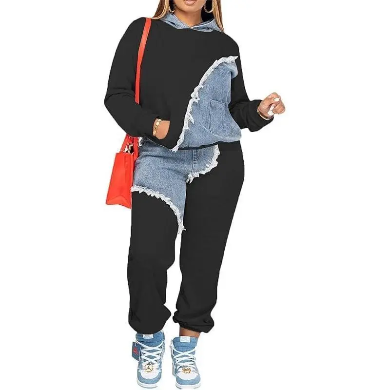 Women's Long Sleeve Casual Hooded Sweatshirt + Pants Two-Piece Set with Pockets Patchwork Denim Tracksuit