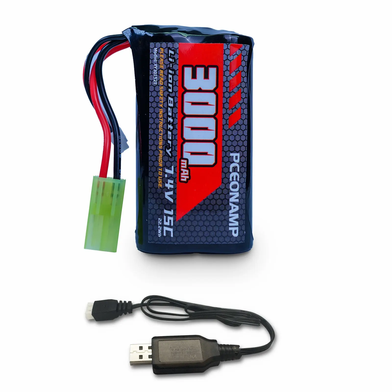 PCEONAMP 7.4V Li-ion Battery 3000mAh 2S with Tamiya Plug Rechargeable High Capacity RC Battery with 1 USB Charger Cable for Remote Control Boat