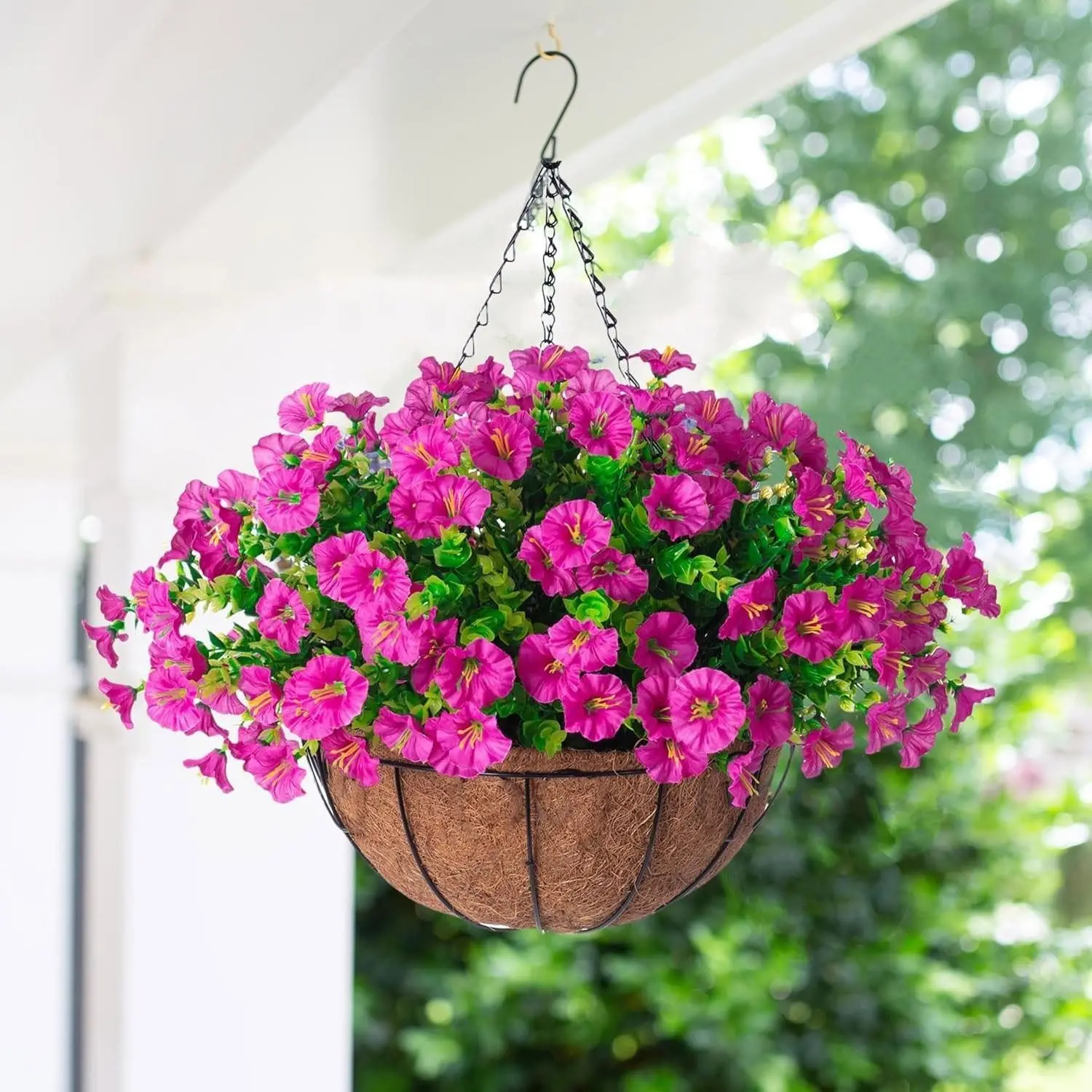 Latest model - 1 set of 19.49-inch outdoor realistic hanging flower basket, UV-resistant silk artificial flowers, porch, terrace, balcony and garden decoration for spring, Halloween and Christmas creative home decoration