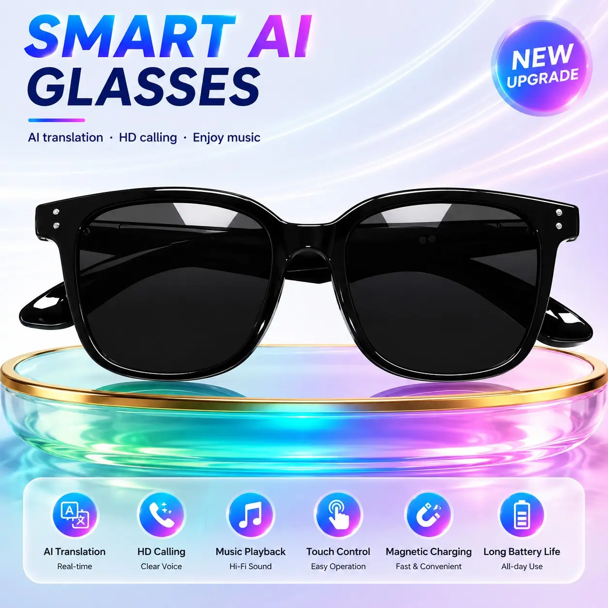 Koipsse Smart Glasses Translation Earbuds, TWS Wireless Device, HiFi Sound, Bluetooth-compatible 5.4, Rechargeable, Long Battery Life, Unisex