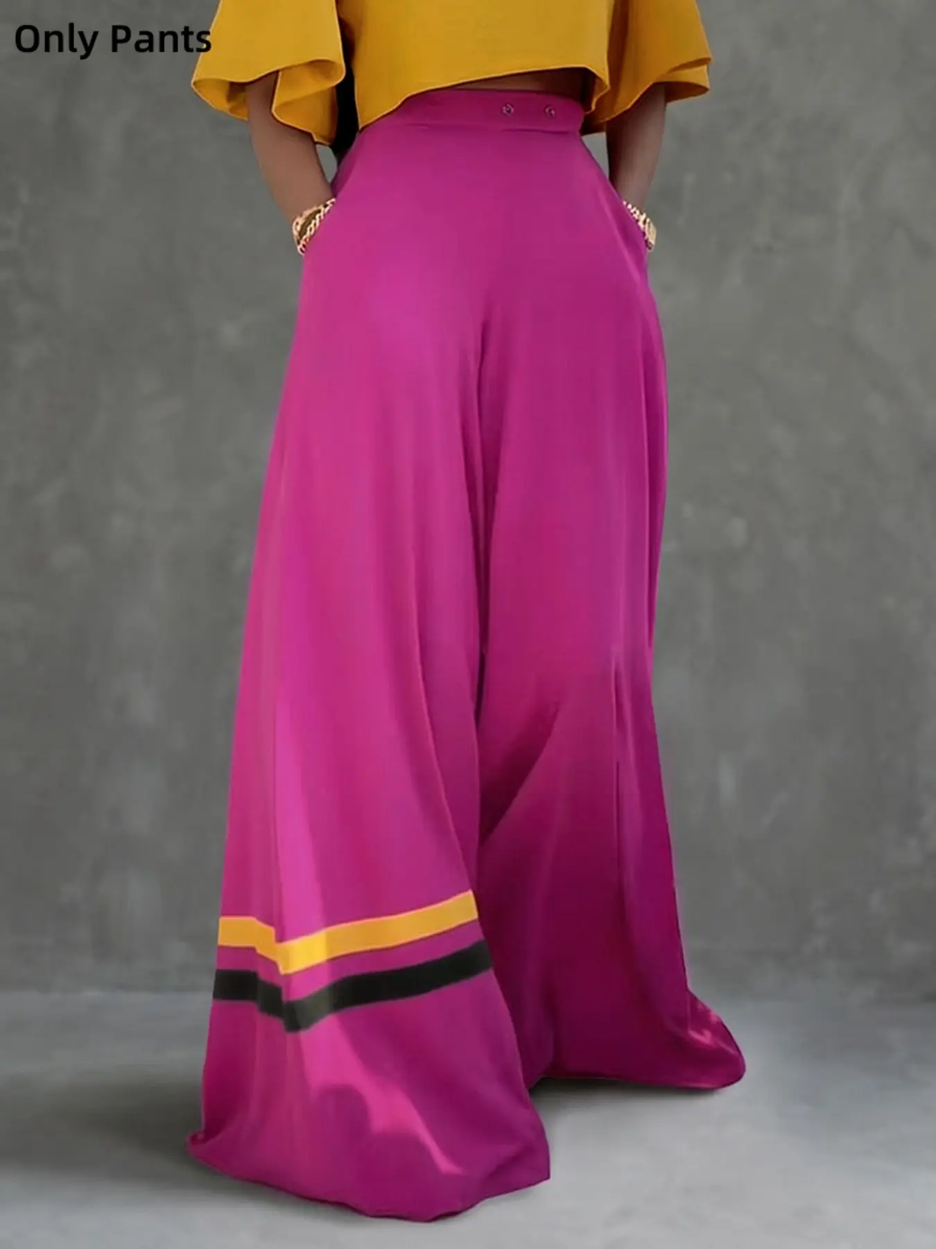 High Waist Wide Leg Loose Pants with Colorblock Pockets and Button Closure, Stylish Long Trousers for Women, Fashionable Everyday Wear Bottom