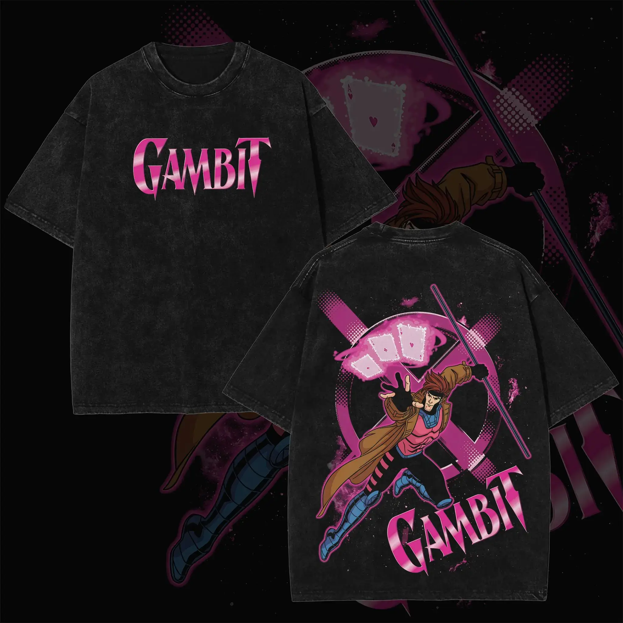 Unisex Oversized Heavyweight Cotton Retro Gambit Tshirt - Pink Gradient Text Front Logo, X Symbol Background, Card Throwing Full Action Portrait Dual-Sided, Vintage Washed Black, Breathable Shortsleeve Relaxed Fit Apparel, Ideal Gift for Gambit Fans