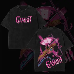 Retro Gambit Pink Gradient Text Front Logo & X Symbol Background Card Throwing Full Action Portrait Dual-Sided Vintage Washed Black T-Shirt, Unisex Oversized Heavyweight Cotton Streetwear Top, Ideal Gift for Gambit Fans