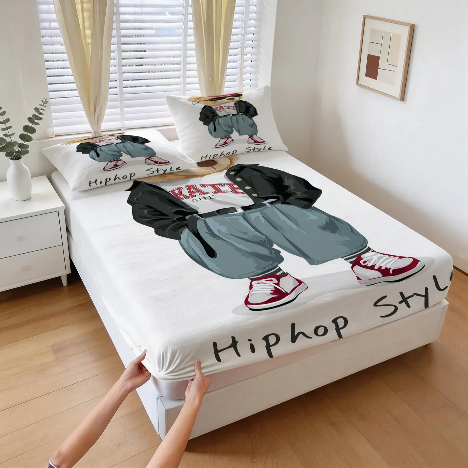 3-Piece Bear Pattern Fitted Sheet Set, Including 1 Flat Sheet And 2 Pillowcases, Soft And Comfortable Bedding, Non-Slip Dust Cover, Suitable For Bedroom And Guest Room