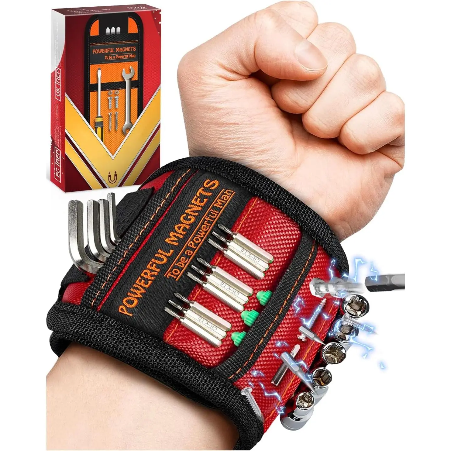 Tools Belt Wristband for Handymen - Polyester, Lightweight, Breathable, Adjustable Bracelet for Holding Screws Nails, Christmas Stocking Stuffer Gifts for Men Dad Husband Grandpa, Metal Bits, Inches, Repairs