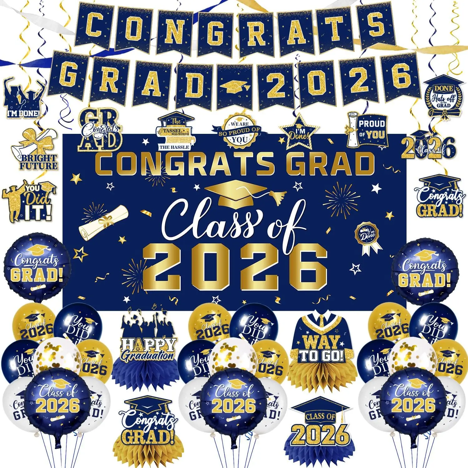 2026 Graduation Decorations Set - Blue Gold Party Supplies with Congrats Grad Backdrop, Banner, Honeycomb Centerpiece and Balloons