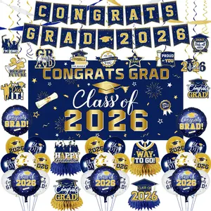 2026 Graduation Decorations-Class of 2026 Decorations Set with Congrats Grad Backdrop,Banner,Honeycomb Centerpiece and Balloons for Blue Gold Graduation Party Supplies