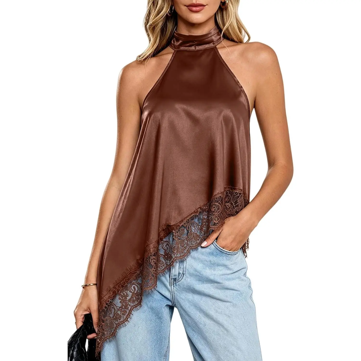 Women's Y2k Halter Top Satin Mock Neck Sleeveless Tank Tops Lace Trim Asymmetrical Hem Cami Sexy Going Out Shirt